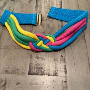 Vintage 1980s Braided Rainbow Stretch Belt - Blue, Pink, Yellow, Green